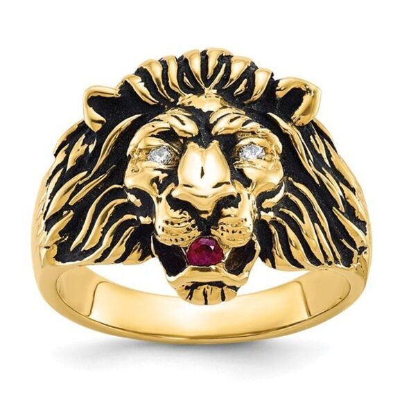 10k IBGoodman Men's Diamond and Ruby Antiqued Lion Complete Ring